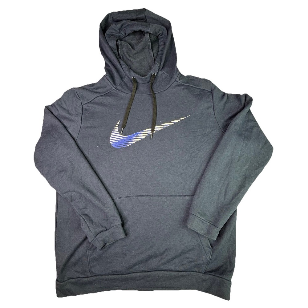 Nike Dri-FIT Hoodie Mens Large Blue Hooded Jumper Big Tick Swoosh